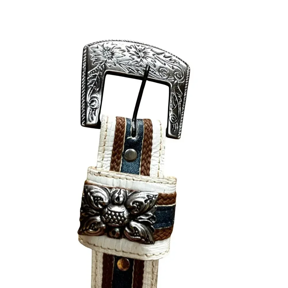 Vintage Graziano belt size L creamy white brown blue large silvertone buckle